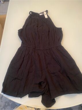 GAP Black Crinkled Cotton High Neck Halter Sleeveless Romper NWT Size Large